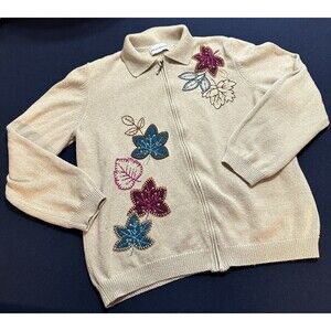 Alfred Dunner Full Zip Embellished Maple Leaf Cardigan Sweater Women No Size Tag